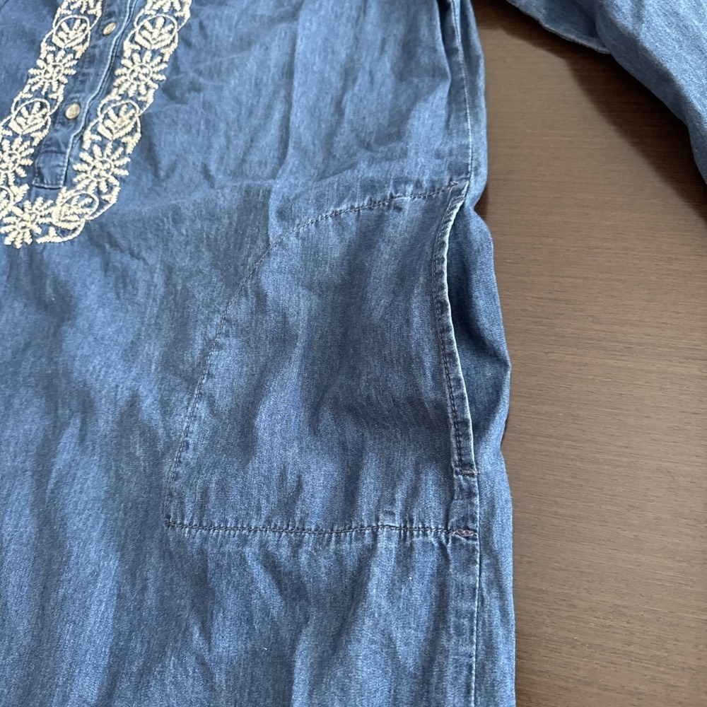 J. Jill Embroidered Denim Chambray Shift Dress Blue Boho Pockets Women's Size L - Picture 8 of 12